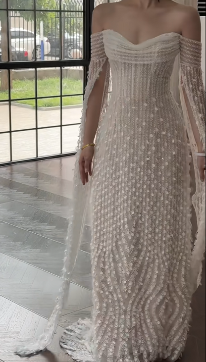 Timeless Off-the-shoulder Sheath Tulle Beading Luxury Wedding Dress, Long Sleeve Bridal Gowns DP3083