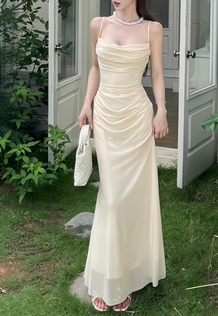 Elegant Spaghetti Strap Sheath Chiffon Long Prom Dresses, Apricot Formal Evening Dress DP3084
