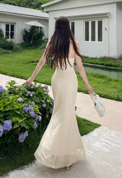 Elegant Spaghetti Strap Sheath Chiffon Long Prom Dresses, Apricot Formal Evening Dress DP3084