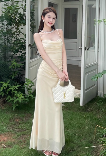 Elegant Spaghetti Strap Sheath Chiffon Long Prom Dresses, Apricot Formal Evening Dress DP3084