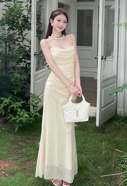 Elegant Spaghetti Strap Sheath Chiffon Long Prom Dresses, Apricot Formal Evening Dress DP3084