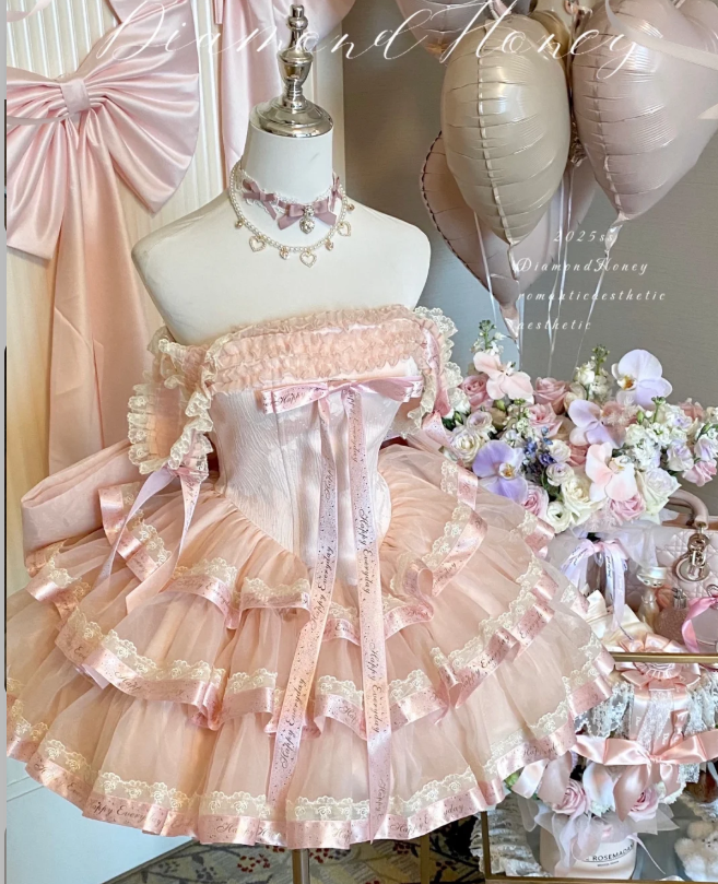 Cute Off-the-shoulder Ball Gown Lace Tulle Short Birthday Dresses Pink Lolita Dresses DP3085