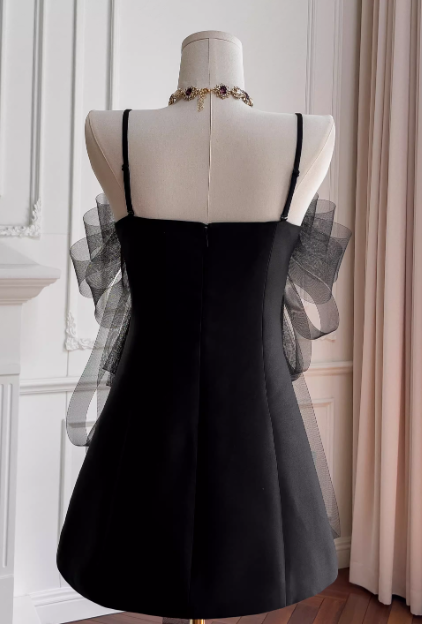 Sexy Strapless A-Line Short Prom Dresses Satin Tulle Sleeveless Birthday Dresses, Black Homecoming Dresses DP3086