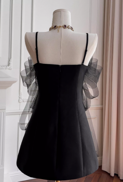 Sexy Strapless A-Line Short Prom Dresses Satin Tulle Sleeveless Birthday Dresses, Black Homecoming Dresses DP3086