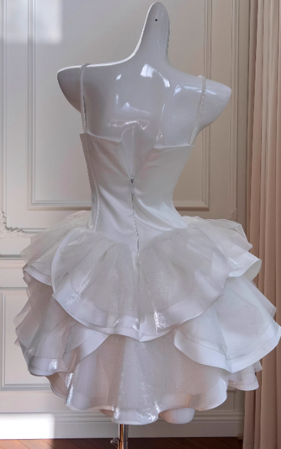 Sexy Spaghetti Strap Ball Gown Short Prom Dresses Satin Tulle Sleeveless Birthday Dresses, White Homecoming Dresses DP3087