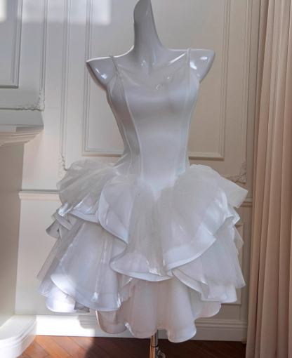 Sexy Spaghetti Strap Ball Gown Short Prom Dresses Satin Tulle Sleeveless Birthday Dresses, White Homecoming Dresses DP3087