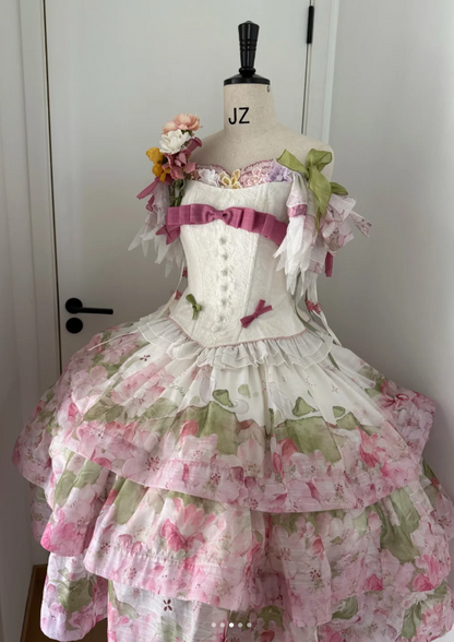 Cute Sweetheart Neck Ball Gown Floral Chiffon Short Birthday Dresses Sweet Lolita Dresses DP3088