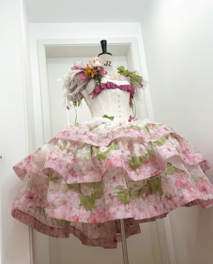 Cute Sweetheart Neck Ball Gown Floral Chiffon Short Birthday Dresses Sweet Lolita Dresses DP3088