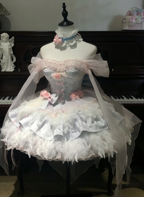 Cute Off-the-shoulder Ball Gown Short Birthday Dresses Sweet Pale Blue Lolita Dresses DP3089