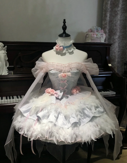 Cute Off-the-shoulder Ball Gown Short Birthday Dresses Sweet Pale Blue Lolita Dresses DP3089