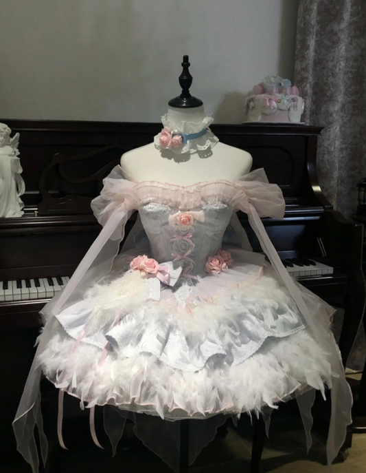 Cute Off-the-shoulder Ball Gown Short Birthday Dresses Sweet Pale Blue Lolita Dresses DP3089