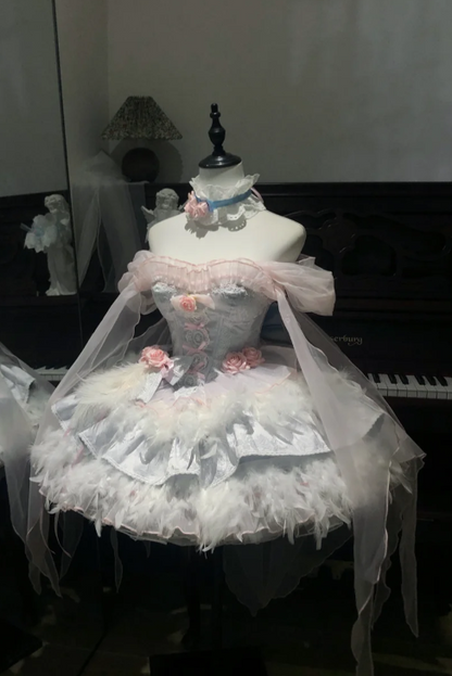 Cute Off-the-shoulder Ball Gown Short Birthday Dresses Sweet Pale Blue Lolita Dresses DP3089