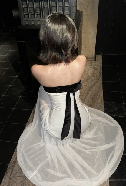 Chic Strapless Sheath Chiffon Long Prom Dresses, White Formal Evening Dresses DP3090