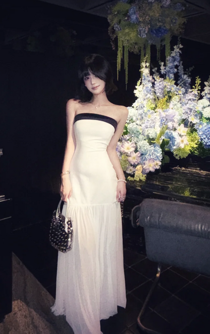 Chic Strapless Sheath Chiffon Long Prom Dresses, White Formal Evening Dresses DP3090