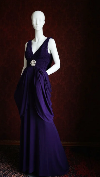 Chic V-neck Sheath Chiffon Long Prom Dresses, Purple Formal Evening Dresses DP3091