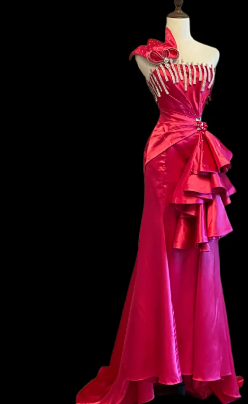 Chic One Shoulder Sheath Satin Long Prom Dresses, Hot Pink Formal Evening Dresses DP3092