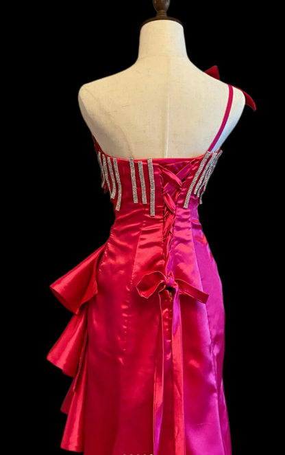 Chic One Shoulder Sheath Satin Long Prom Dresses, Hot Pink Formal Evening Dresses DP3092