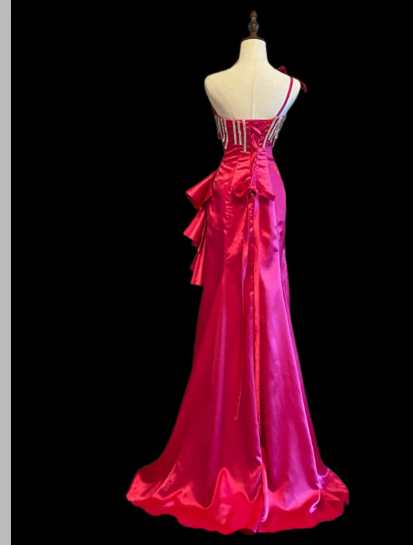 Chic One Shoulder Sheath Satin Long Prom Dresses, Hot Pink Formal Evening Dresses DP3092