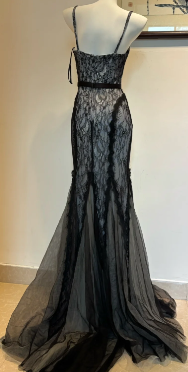 Chic Spaghetti Strap Mermaid Lace Long Prom Dresses, Black Formal Evening Dresses DP3093