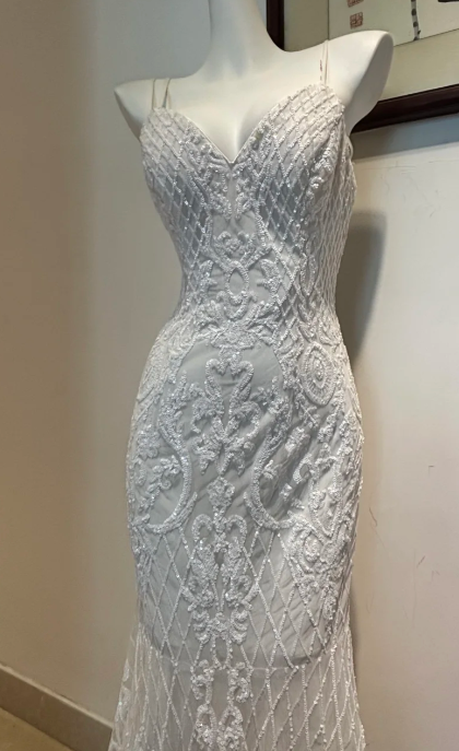 Elegant Spaghetti Strap Mermaid Beaded Chiffon Long Prom Dresses, White Beaded Formal Evening Dresses DP3094