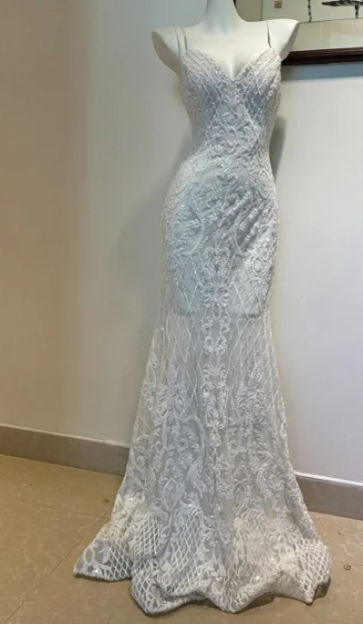 Elegant Spaghetti Strap Mermaid Beaded Chiffon Long Prom Dresses, White Beaded Formal Evening Dresses DP3094