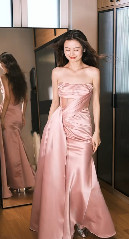 Elegant Strapless Sheath Satin Long Prom Dresses, Pink Formal Evening Dresses DP3095