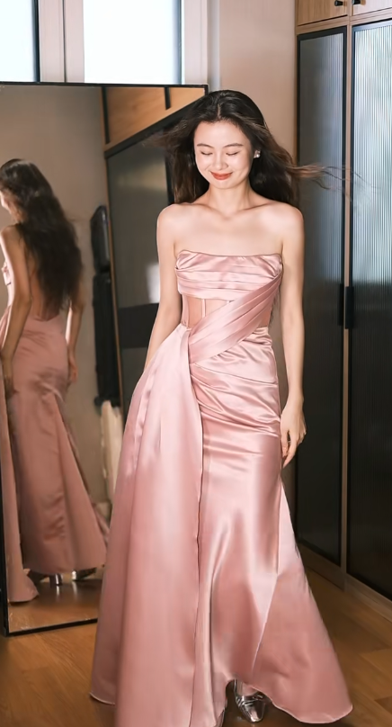 Elegant Strapless Sheath Satin Long Prom Dresses, Pink Formal Evening Dresses DP3095
