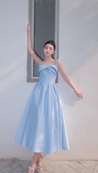 Elegant Spaghetti straps Sheath Satin Long Prom Dresses, Sky Blue Formal Evening Dresses DP3096