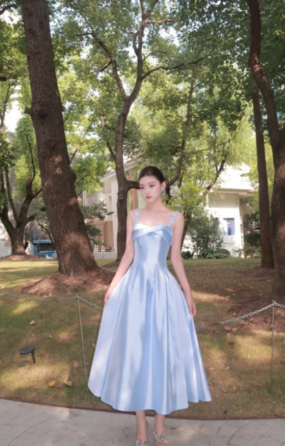 Elegant Spaghetti straps Sheath Satin Long Prom Dresses, Sky Blue Formal Evening Dresses DP3096