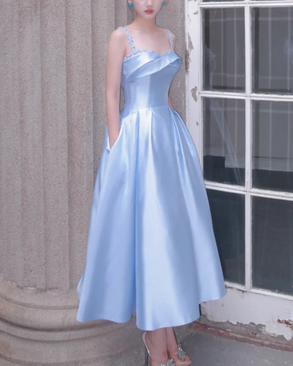 Elegant Spaghetti straps Sheath Satin Long Prom Dresses, Sky Blue Formal Evening Dresses DP3096