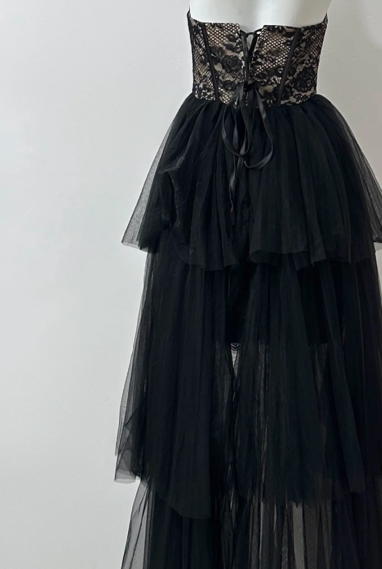 Elegant Strapless Sheath Lace Long Prom Dresses, Black Formal Evening Dresses DP3097