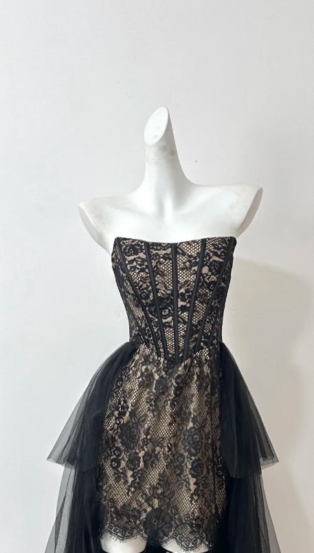 Elegant Strapless Sheath Lace Long Prom Dresses, Black Formal Evening Dresses DP3097