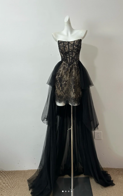 Elegant Strapless Sheath Lace Long Prom Dresses, Black Formal Evening Dresses DP3097
