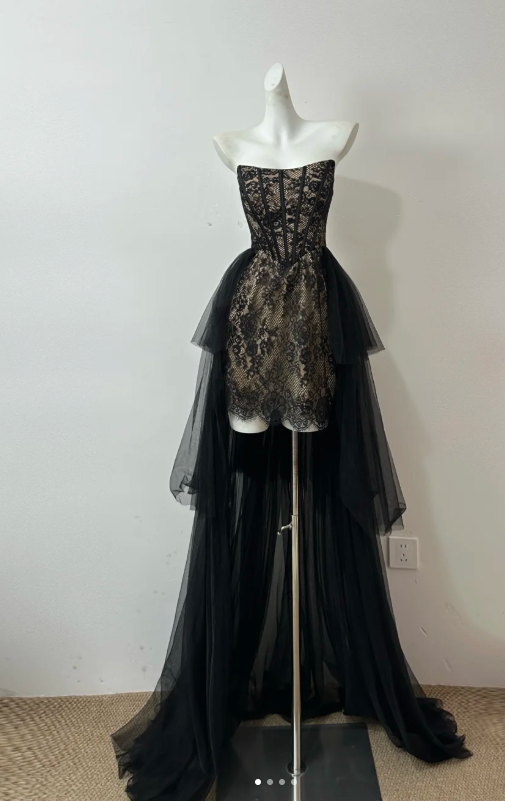 Elegant Strapless Sheath Lace Long Prom Dresses, Black Formal Evening Dresses DP3097