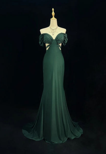 Vintage Off-the-shoulder Mermaid Chiffon Long Prom Dresses, Dark Green Formal Evening Dresses DP3099