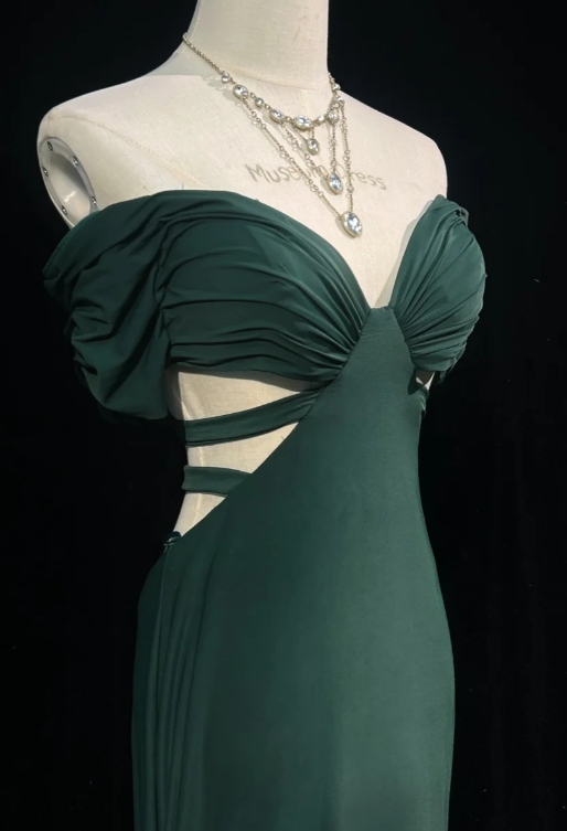 Vintage Off-the-shoulder Mermaid Chiffon Long Prom Dresses, Dark Green Formal Evening Dresses DP3099