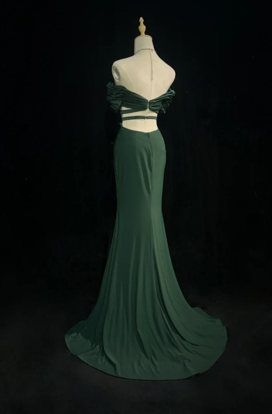 Vintage Off-the-shoulder Mermaid Chiffon Long Prom Dresses, Dark Green Formal Evening Dresses DP3099