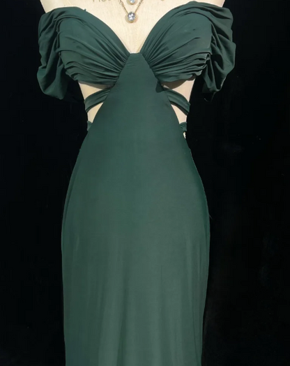 Vintage Off-the-shoulder Mermaid Chiffon Long Prom Dresses, Dark Green Formal Evening Dresses DP3099