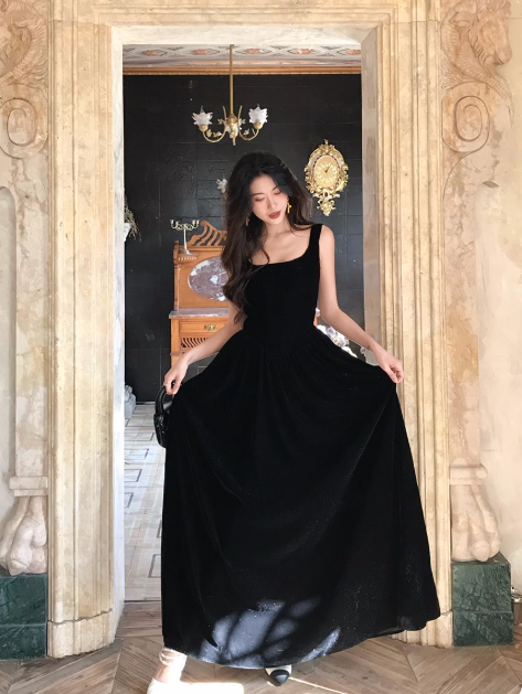 Elegant Square Neck A-line Velvet Long Prom Dresses, Black Evening Dresses DP3101