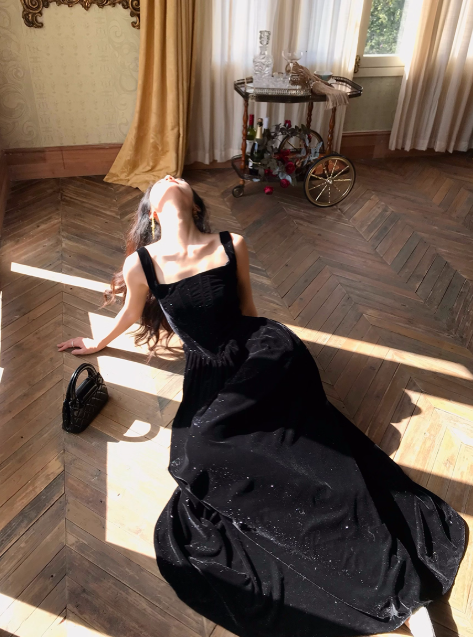 Elegant Square Neck A-line Velvet Long Prom Dresses, Black Evening Dresses DP3101