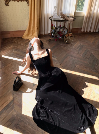 Elegant Square Neck A-line Velvet Long Prom Dresses, Black Evening Dresses DP3101