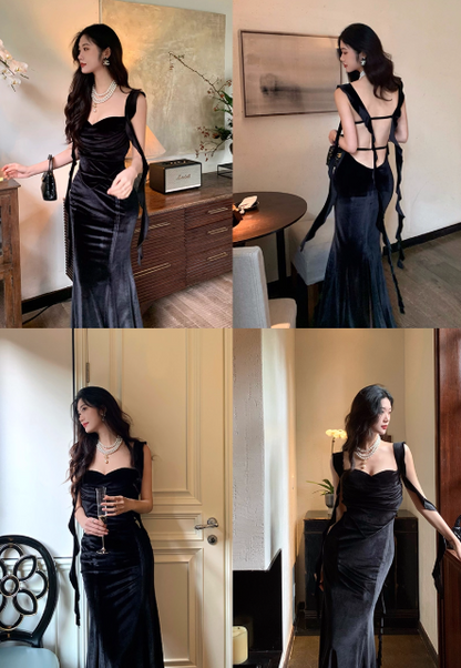 Elegant Spaghetti Straps Mermaid Velvet Long Prom Dresses, Black Evening Dresses DP3102