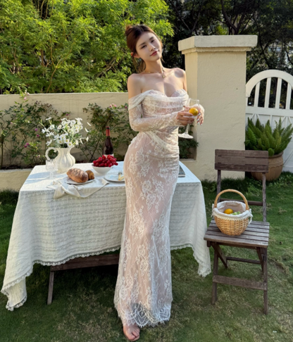 Elegant Off-the-shoulder Sheath Lace Long Prom Dresses, White Formal Evening Dresses DP3104