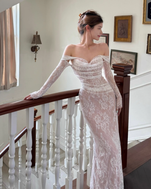 Elegant Off-the-shoulder Sheath Lace Long Prom Dresses, White Formal Evening Dresses DP3104