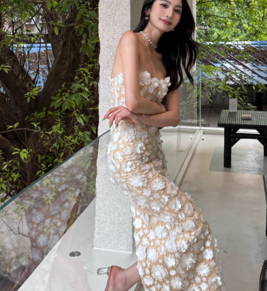 Elegant Strapless Sheath Applique Long Prom Dresses, Tulle Evening Dresses DP3105