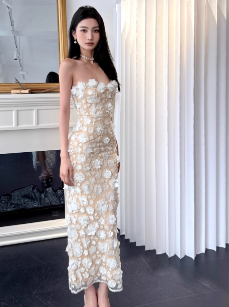 Elegant Strapless Sheath Applique Long Prom Dresses, Tulle Evening Dresses DP3105