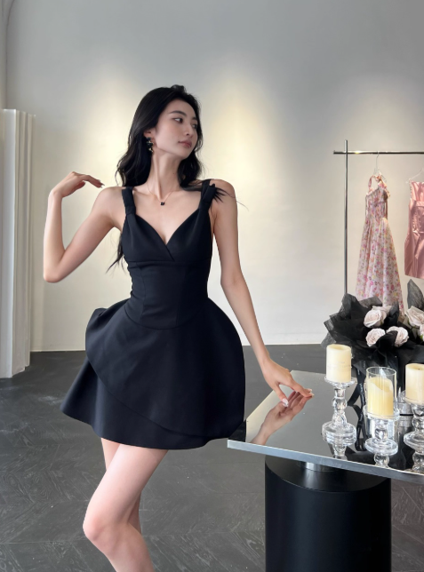 Glam V-neck A-Line Satin Short Prom Dresses, Black Homecoming Dresses DP3135