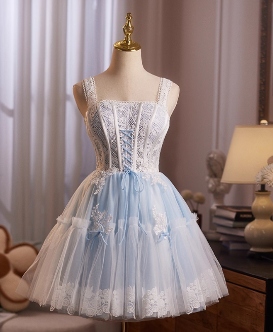 Glam Strap A-Line Tulle Lace Short Prom Dresses, Sky Blue Homecoming Dresses DP3136