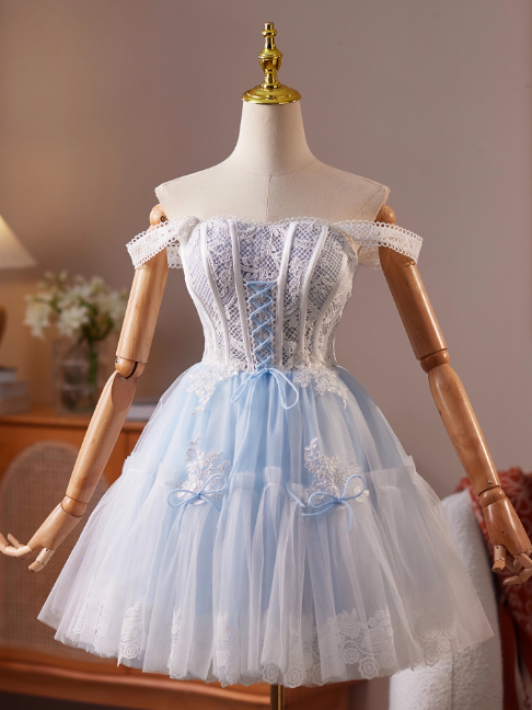 Glam Strap A-Line Tulle Lace Short Prom Dresses, Sky Blue Homecoming Dresses DP3136