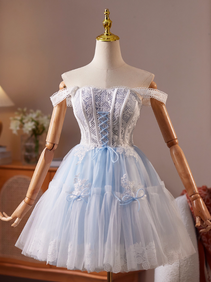 Glam Strap A-Line Tulle Lace Short Prom Dresses, Sky Blue Homecoming Dresses DP3136